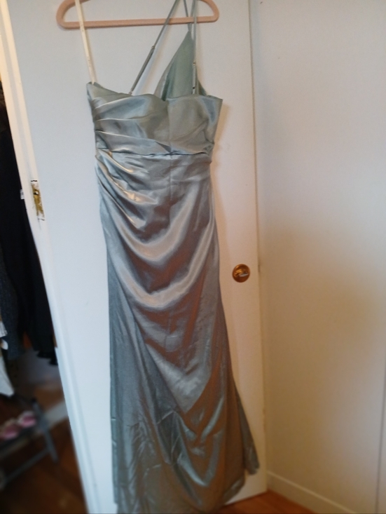 One-Shoulder Satin Evening Gown in Sage Green - Picture 3 of 7